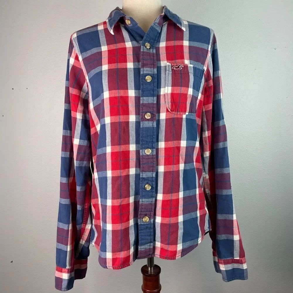 Hollister Red and Blue Plaid Button Down Flannel Shirt Size M EUC